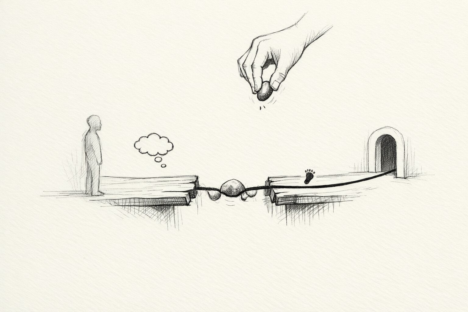 A sparse sketch of a broken bridge completed by a small placed stone, letting a figure move toward a doorway.