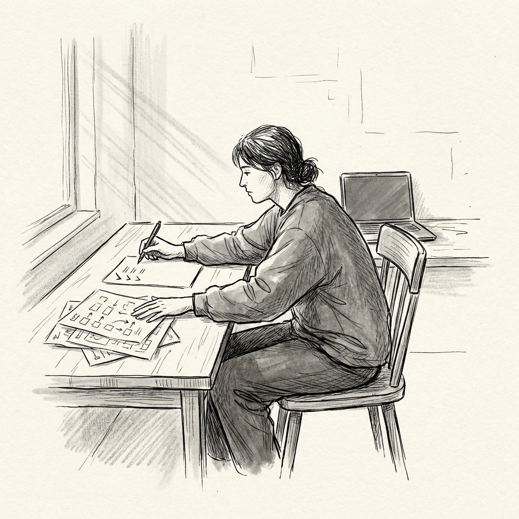 A person at a desk pushes aside messy plans and makes a first check mark on a simple list.
