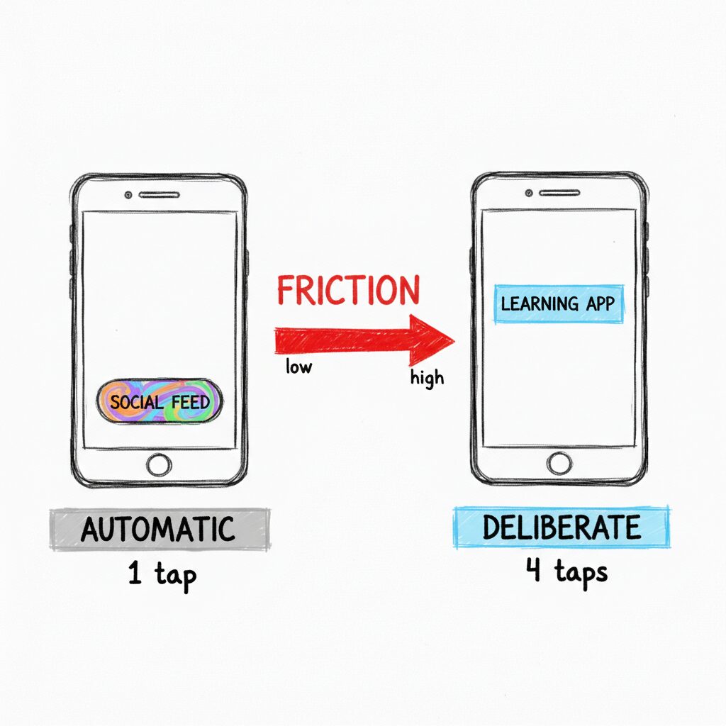 Diagram comparing one-tap access to social feeds versus multi-tap access to learning apps, highlighting friction.