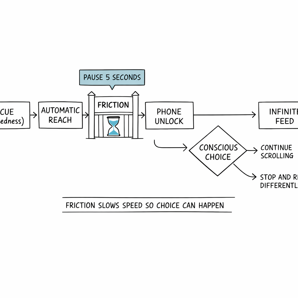 A flowchart shows a habit loop interrupted by a friction gate that adds a pause and leads to a conscious choice.