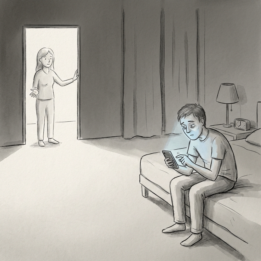 A tired person lit by phone glow sits on a bed while another person stands in the doorway offering a calm prompt.