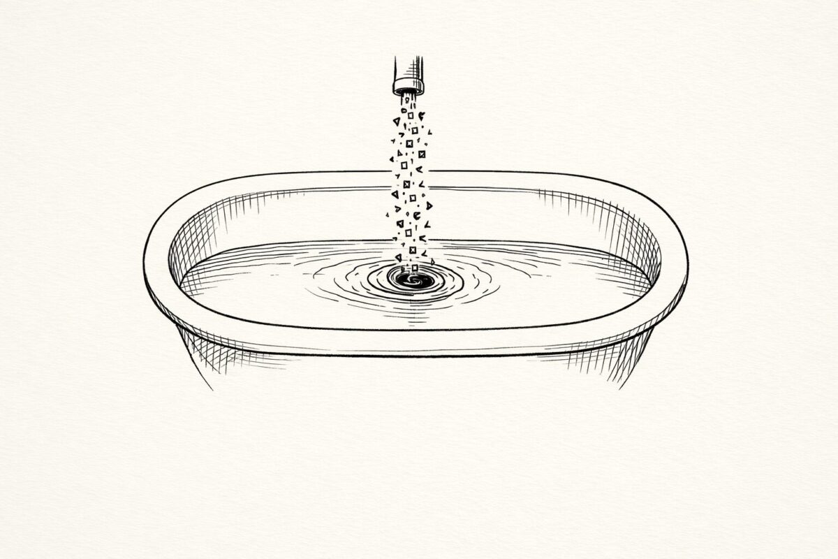 A sketch of a bathtub with a low waterline, a fast faucet stream, and an open drain pulling water down.
