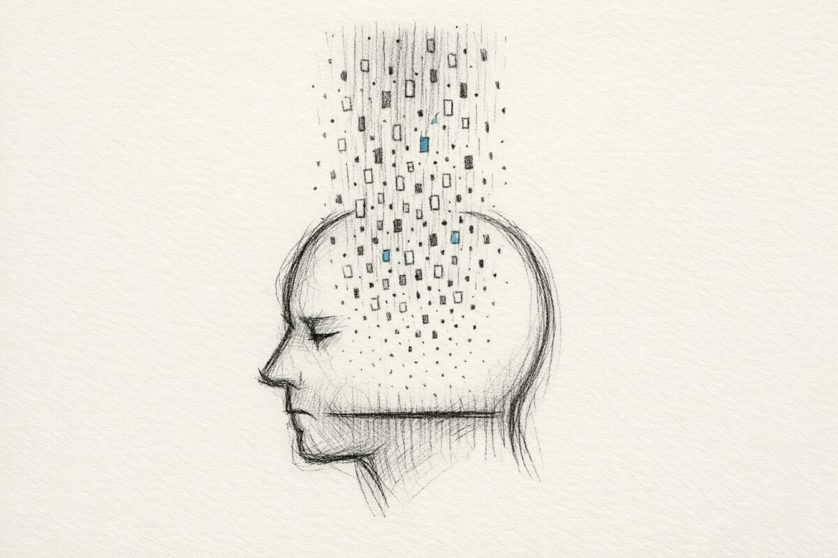 A head silhouette with a low baseline line inside as small glowing rectangles fall toward it in a sparse sketch.
