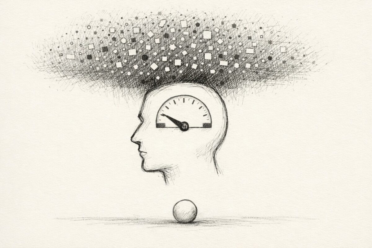 Minimal sketch of a head with a thermostat dial lowered by a cloud of abstract stimuli above.