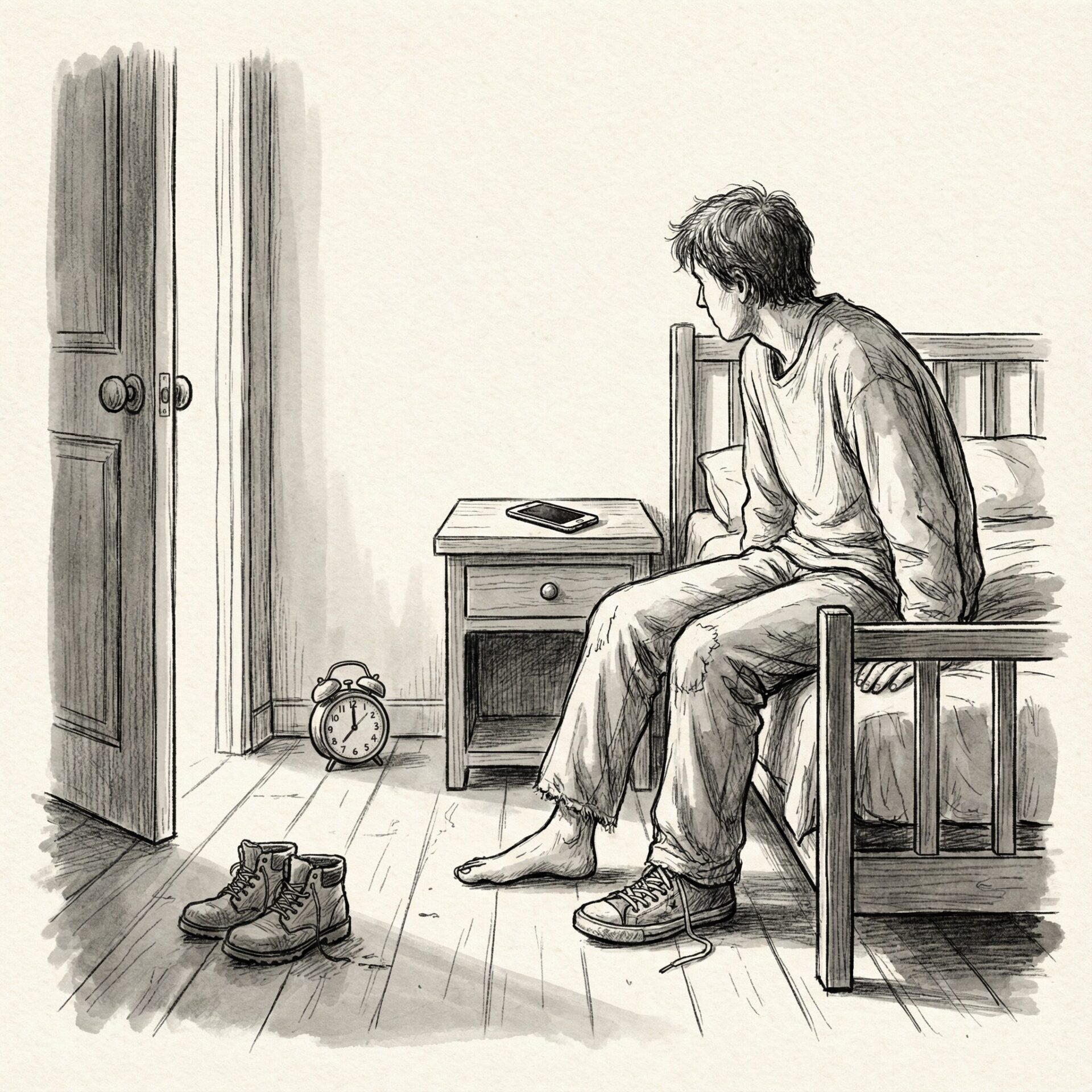A person sits on a bed with a phone set aside, looking toward an open door and daylight as if preparing to step out.