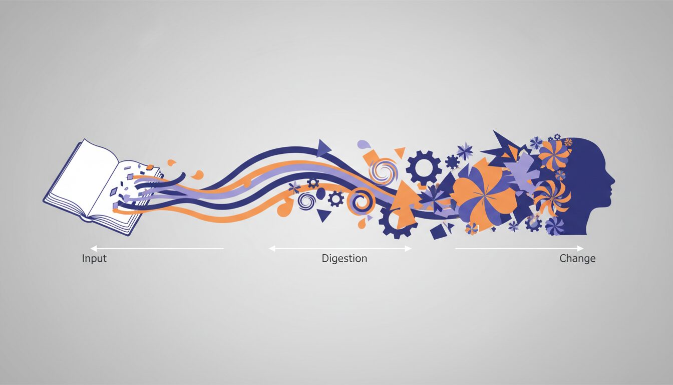 Editorial illustration of a dissolving book flowing into a silhouette, representing reading as mental transformation