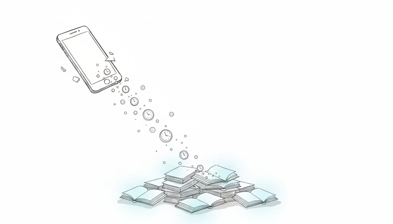 A smartphone dissolves into a stream of clock faces that reform into a stack of glowing open books below.