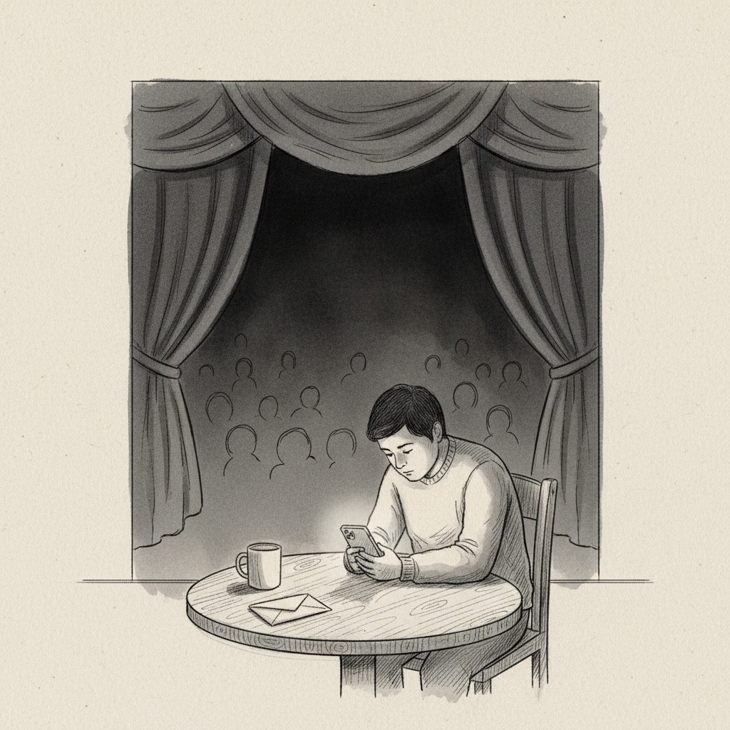 Sketch of a person alone with a phone, framed by a faint stage-and-audience shadow suggesting performance pressure.