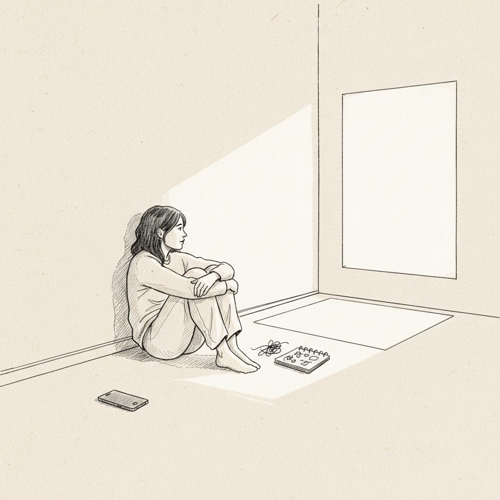 A person sits against a wall, phone set aside, looking toward window light with a notebook nearby.