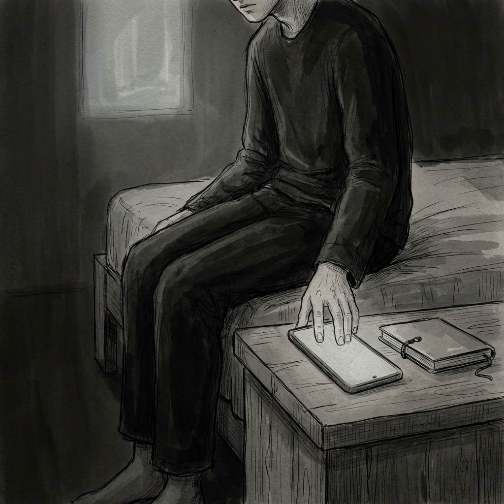 A person at night places their phone face down on a bedside table, capturing a moment of choosing to stop.