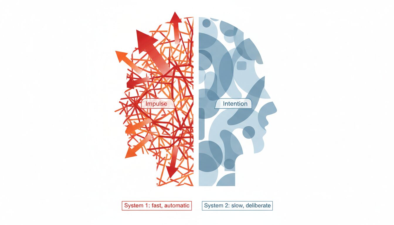 Editorial diagram contrasting brain's automatic impulses vs deliberate thinking, illustrating dual systems