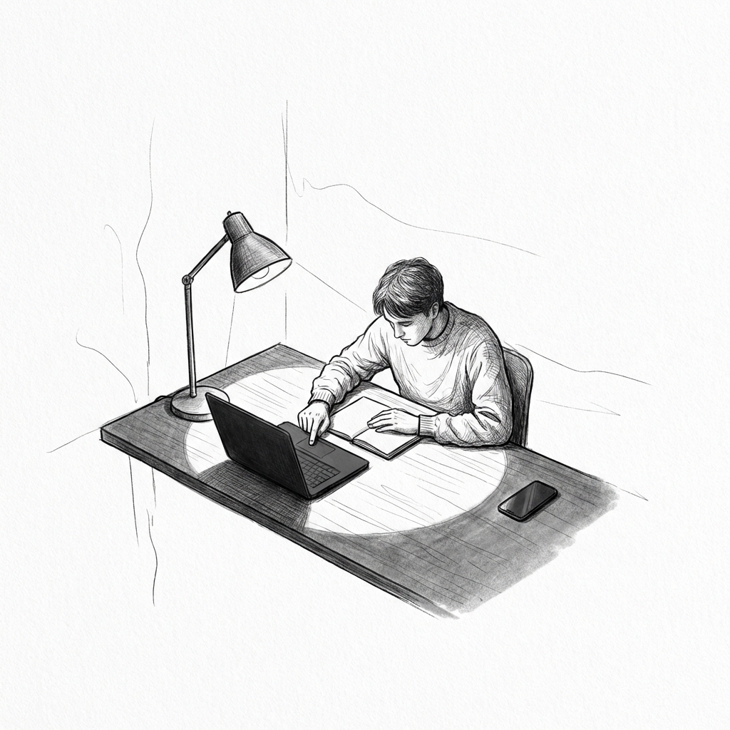 A person leans forward to turn on a laptop while a phone sits face down farther away.